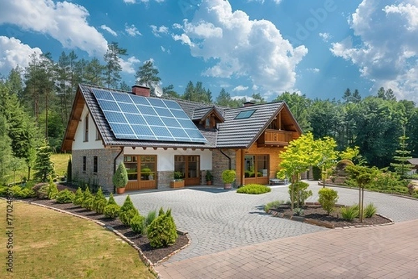 Obraz Suburban modern home with solar panels eco friendly house in lush environtment. Generative AI