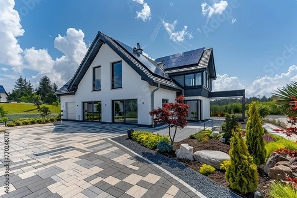 Obraz Suburban modern home with solar panels eco friendly house in lush environtment. Generative AI