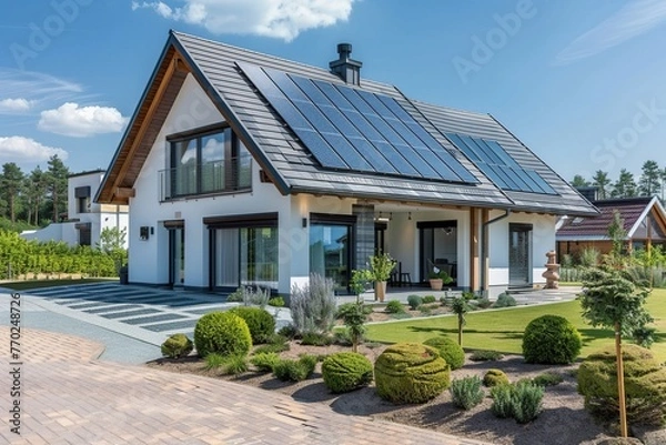 Obraz Suburban modern home with solar panels eco friendly house in lush environtment. Generative AI