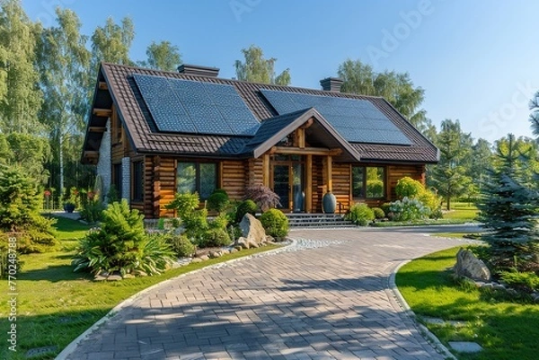 Obraz Suburban modern home with solar panels eco friendly house in lush environtment. Generative AI