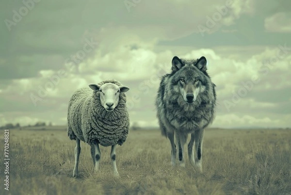 Fototapeta Lone Gray Wolf Standing Among Sheep – Surreal Wildlife Concept Symbolizing Deception, Danger, and Hidden Threat in Nature. Generative AI