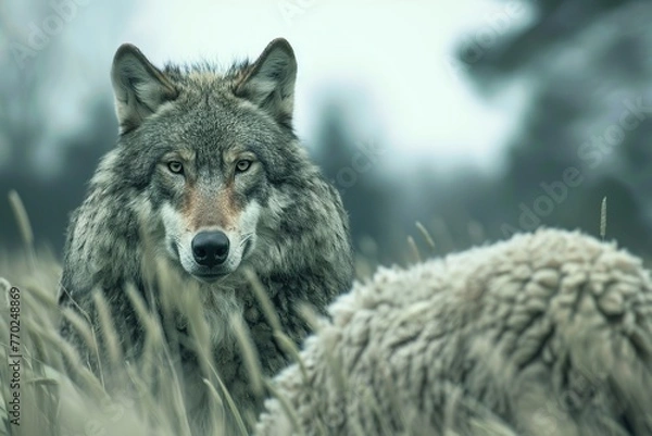 Fototapeta Lone Gray Wolf Standing Among Sheep – Surreal Wildlife Concept Symbolizing Deception, Danger, and Hidden Threat in Nature. Generative AI