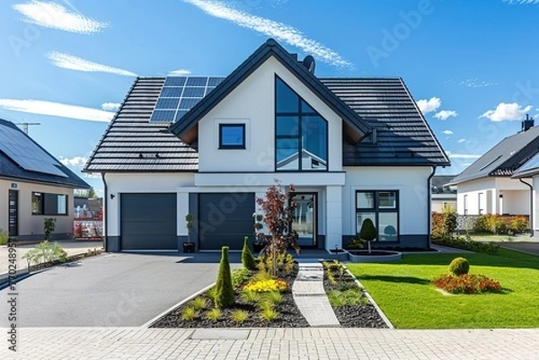 Obraz Suburban modern home with solar panels eco friendly house in lush environtment. Generative AI