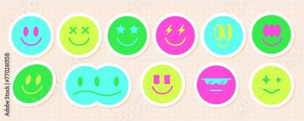 Fototapeta Retro abstract acid smile face sticker pack, futuristic psychedelic groovy emoji decoration graphic, vintage streetwear rave cute avatar symbol aesthetic, space trippy y2k emoticon icon set.