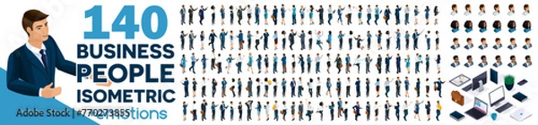 Fototapeta Large set of isometrics, 3D Businessmen and businesswomen Europeans and African Americans. And Set emotions. Front and rear view