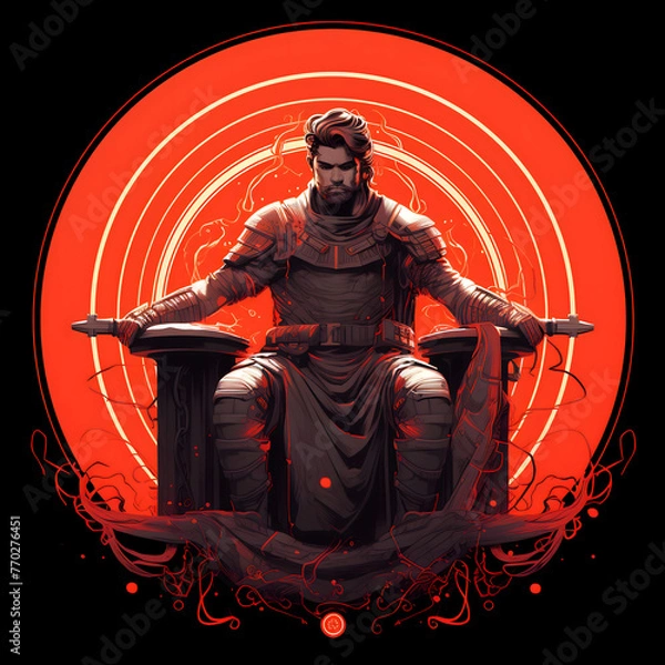 Fototapeta A powerful illustration of a hero sitting in a circle with his arms raised, capturing a moment of triumph and strength, blending dynamic composition, Created using generative AI tools