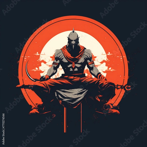 Fototapeta A powerful illustration of a hero sitting in a circle with his arms raised, capturing a moment of triumph and strength, blending dynamic composition, Created using generative AI tools