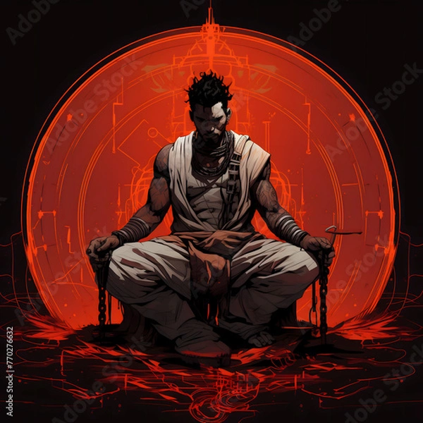 Fototapeta A powerful illustration of a hero sitting in a circle with his arms raised, capturing a moment of triumph and strength, blending dynamic composition, Created using generative AI tools