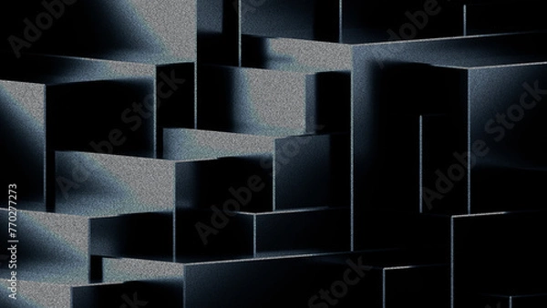 Fototapeta Black dark background illustration with geometric graphic elements, light effect and noise texture. 3d rendering