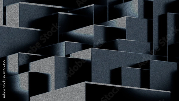 Fototapeta Black dark background illustration with geometric graphic elements, light effect and noise texture. 3d rendering