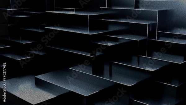 Fototapeta Black dark background illustration with geometric graphic elements, light effect and noise texture. 3d rendering