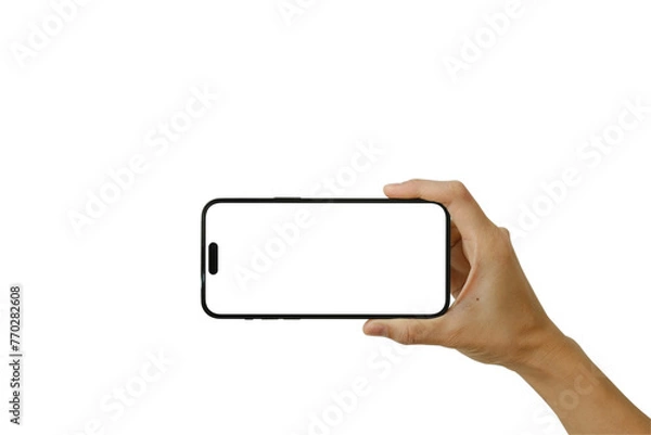 Fototapeta Hand-holding the smartphone mockup in a vertical posture with a clear screen including clipping path and modern frameless design for advertisement.