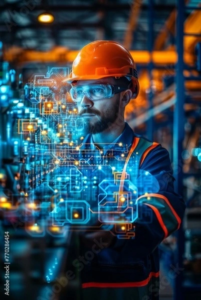 Fototapeta Engineer with Augmented Reality Interface in Factory.