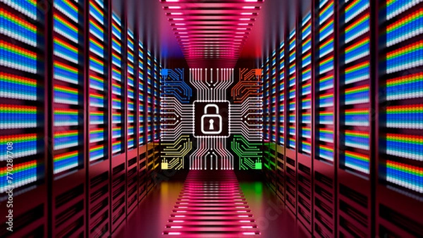 Fototapeta Data security technology concept. Warehouse, Information Digitalization Lines Streaming Through Servers. SAAS, Cloud Computing, Web Service. 3d rendering