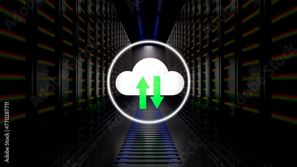 Fototapeta Data security technology concept. Warehouse, Information Digitalization Lines Streaming Through Servers. SAAS, Cloud Computing, Web Service. 3d rendering