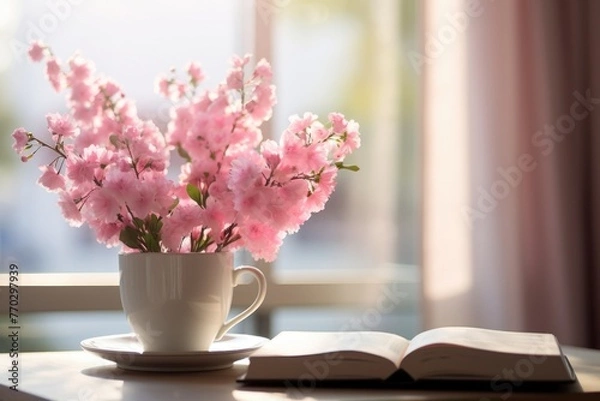 Fototapeta A white cup with pink flowers in it sits on a table next to an open book. The flowers are arranged in a vase and the cup is placed on a saucer. Concept of calm and relaxation