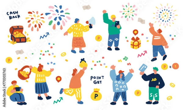 Fototapeta ポイントやコインと人々の手描きイラスト
