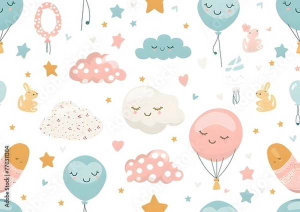 Obraz Baby themed pattern with clouds, balloons and baby toys on a white background