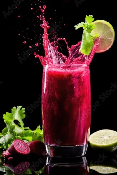 Fototapeta Beet root juice splash from glass on plain black background.