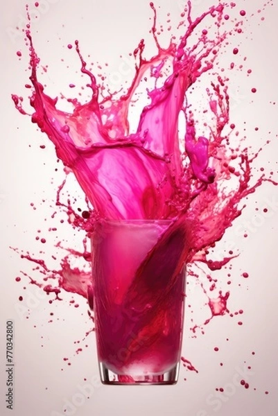 Fototapeta Beet root juice splash from glass on plain white background.