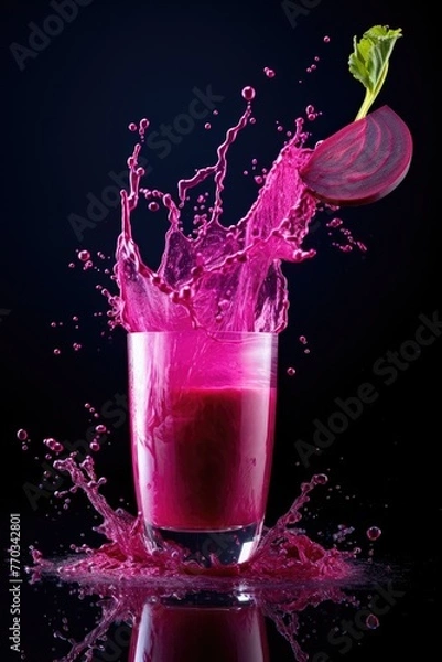 Fototapeta Beet root juice splash from glass on plain background.