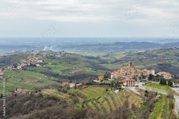 Fototapeta Panoramic view of the Collio hills, Cormons, between Gorizia and Nova Gorica. European Capital of Culture 2025. Typical local products vineyards and wines. Gonjače Tower places to visit and tradition