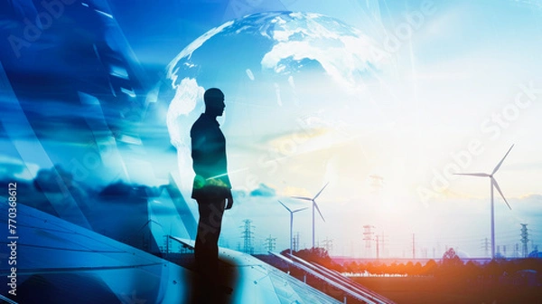 Fototapeta An engineer, double exposure with the innovative city, solar panels advanced, wind turbines and trees around the city, harnessing renewable energy sources and clean energy