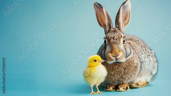 Fototapeta A dim hare with little yellow chick against a blue background idea of creature companionship