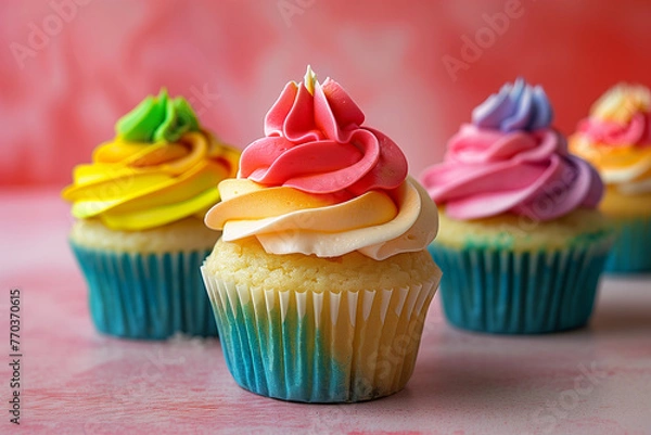 Fototapeta Cupcakes adorned with vibrant, rainbow-like frosting