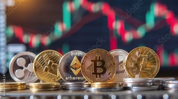 Fototapeta The photo displays various physical coins representing different cryptocurrencies, like Bitcoin and Ethereum, set against a blurry background featuring stock market-style graphs with fluctuating value