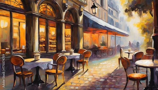 Obraz oil painting featuring a quaint Parisian café from a bygone era. Generative AI.