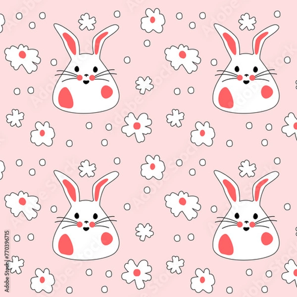 Fototapeta Seamless pattern with cute white rabbits with flowers. Easter bunnies for printing on childrens products, fabric and wallpaper on a pink background. Cartoon flat vector illustration.