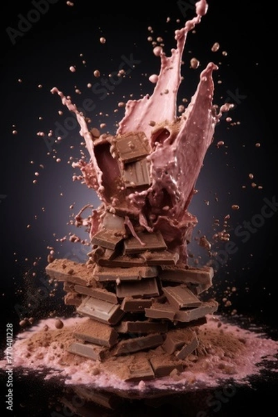 Obraz Chocolate stack on plain coloured background.