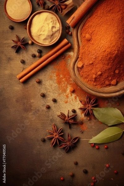 Obraz Various dried spices on rustic brown background. Overheat view.