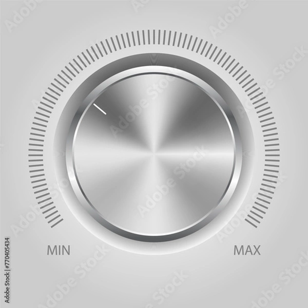 Fototapeta Volume button (music knob) with metal texture. Metal audio control dial switch level scale. Analog Rotary Switch. Vector illustration.