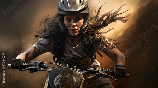 Fototapeta a girl is mountain biking on the trails