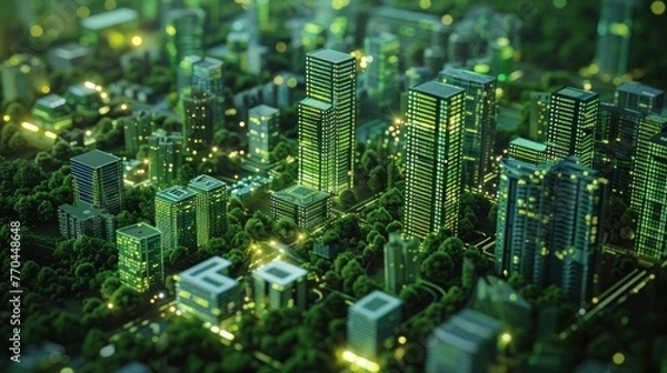Obraz Quantum computers optimizing sustainable city layouts, green tech forefront