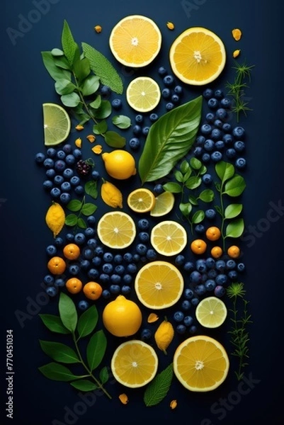 Obraz Blueberry and citrus fruits on dark blue background. Overhead steel life image.