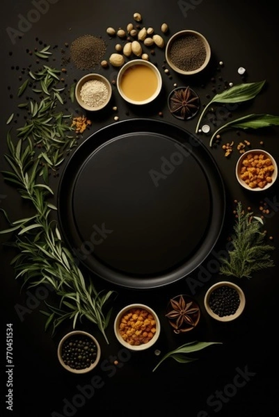 Fototapeta Black empty plate along side with herbs and spices. Back background.