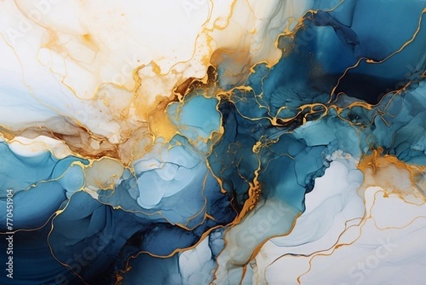Fototapeta Alcohol ink art technique. Natural luxury abstract fluid art painting. Tender and dreamy wallpaper. Mixture of colors creating transparent waves and golden swirls. For posters, wall art, other printed