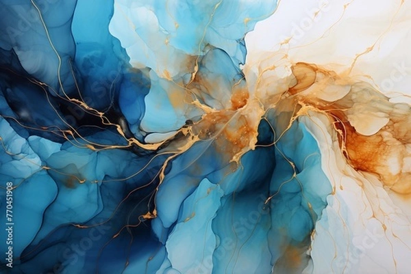Fototapeta Natural luxury abstract fluid art painting in alcohol ink technique. Tender and dreamy wallpaper. Mixture of colors creating transparent waves and golden swirls. For posters, wall art, other printed m