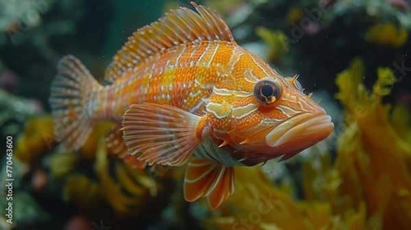 Fototapeta   A close-up photo of a colorful fish on an intricate coral reef with more corals in the backdrop and clear water in the foreground