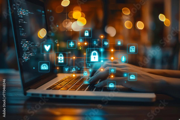 Obraz Hands typing on a laptop with virtual cybersecurity interface surrounding it, highlighting concepts of internet security and data protection