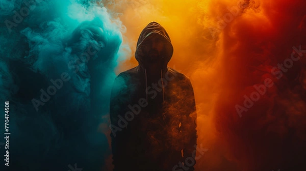 Fototapeta A man is standing in a cloud of smoke, with a hood pulled over his head. The smoke is blue, red, and yellow, creating a surreal and mysterious atmosphere