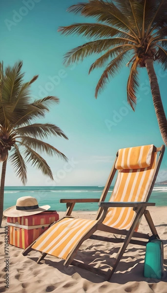 Fototapeta Beach setting with a chair, palm trees and a cool box