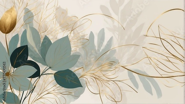 Obraz Abstract art background vector. Luxury minimal style wallpaper with golden line art flower and botanical leaves,