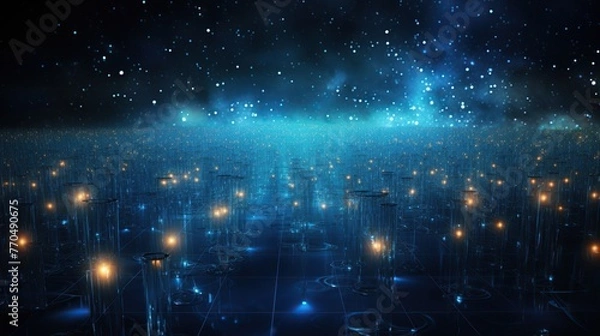 Fototapeta A neural-like network of lights unfolds in a dark space, resembling synaptic connections, perfect for visualizing concepts of AI, neural networks, and data processing in a clean