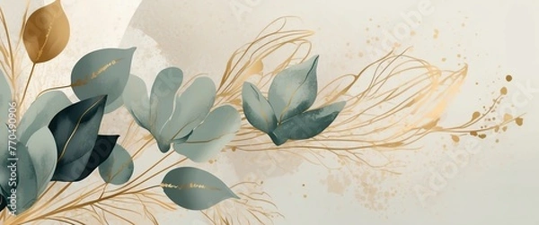 Obraz Abstract art background vector. Luxury minimal style wallpaper with golden line art flower and botanical leaves,