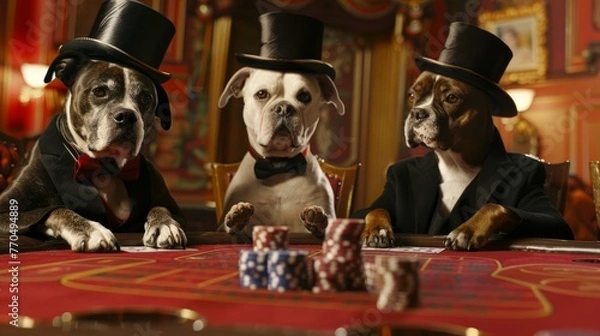 Obraz Three dapper dogs in top hats and bow ties play poker at a table