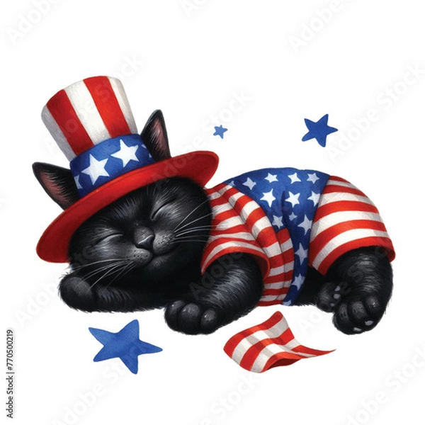 Fototapeta 4th of July Patriotic Lazy Black Cat PNG